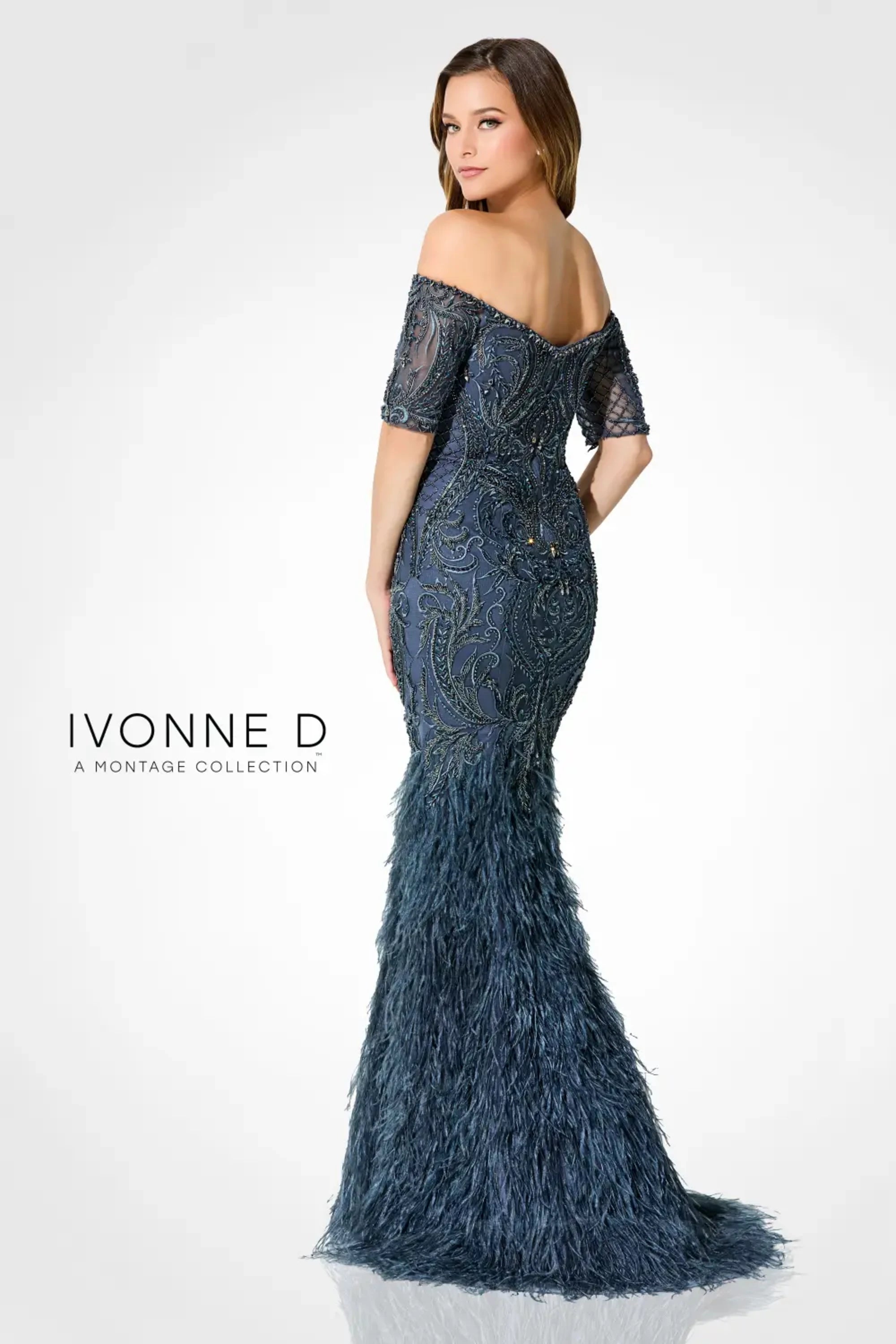 Formal Dresses Beaded Long Mermaid Formal Feather Evening Dress Blue Slate