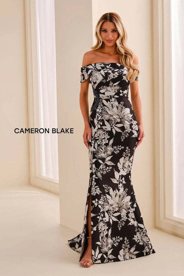 Off-the-Shoulder Floor-Length Satin Formal Mermaid Trumpet Cameron Blake CB441