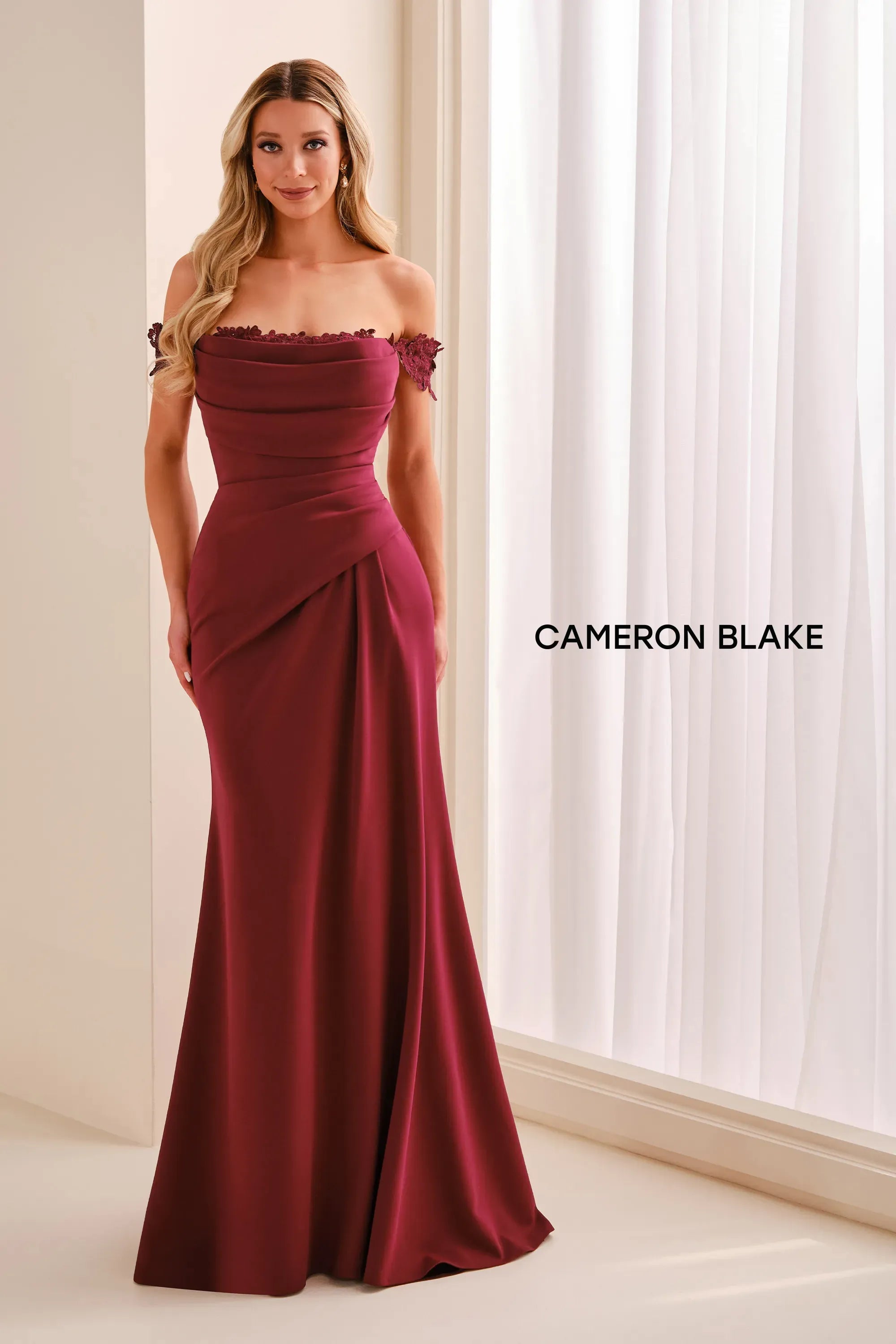 Off-the-Shoulder Floor-Length Crepe Formal Sheath/Column Cameron Blake CB444