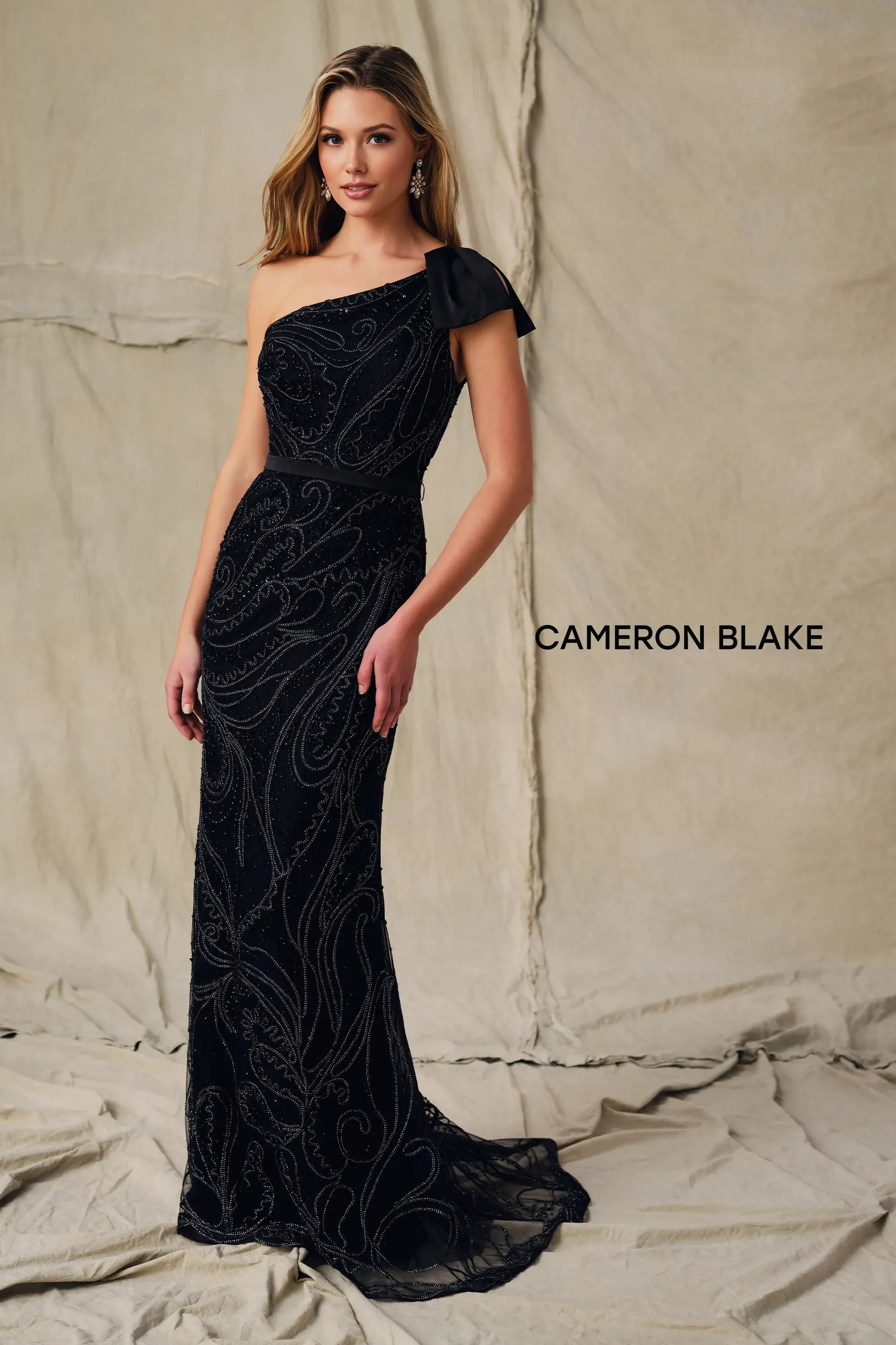 One-Shoulder Floor-Length Lace Formal Sheath/Column Cameron Blake CB446