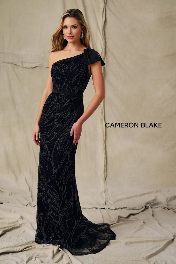 One-Shoulder Floor-Length Lace Formal Sheath Column Cameron Blake CB446