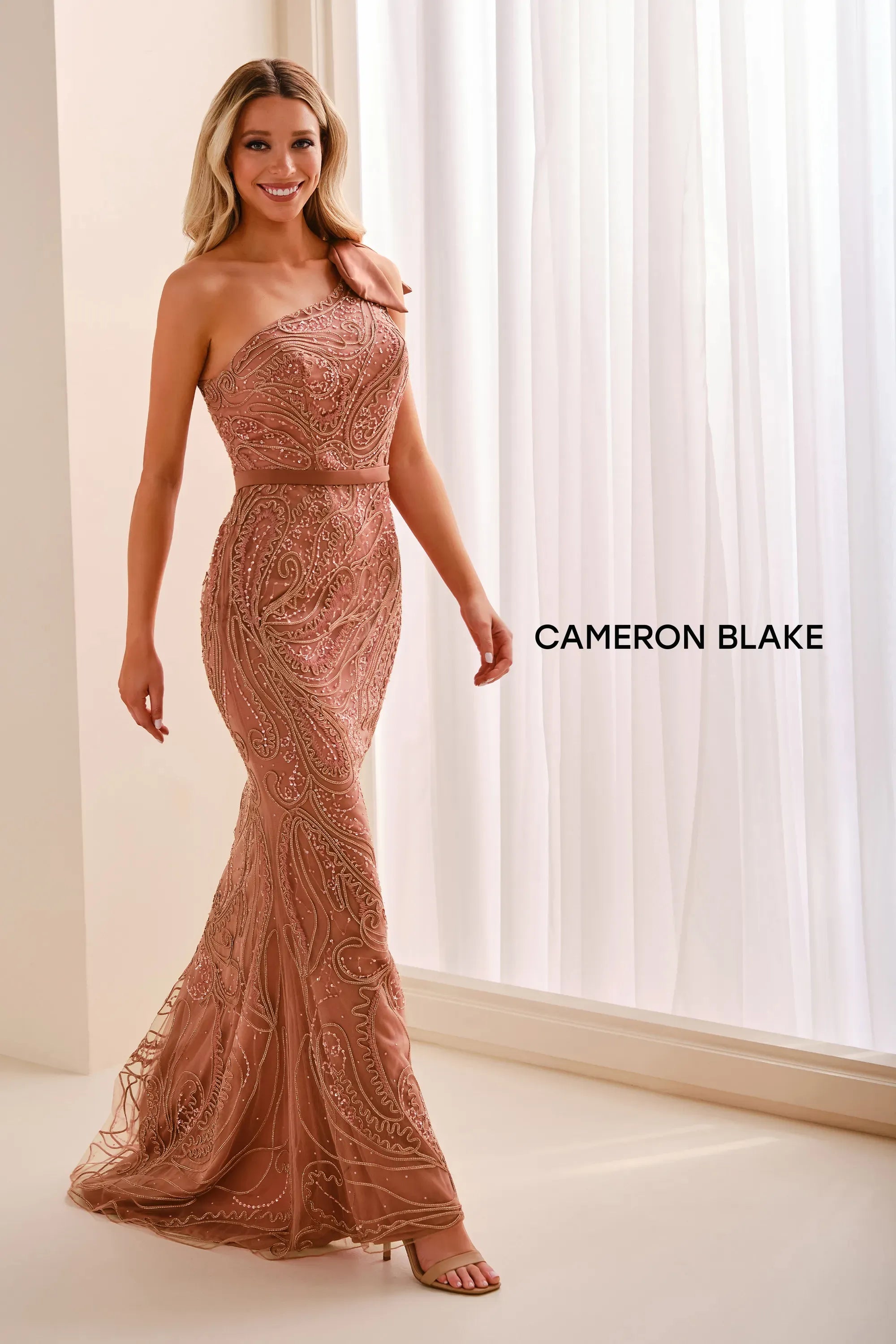 One-Shoulder Floor-Length Lace Formal Sheath/Column Cameron Blake CB446
