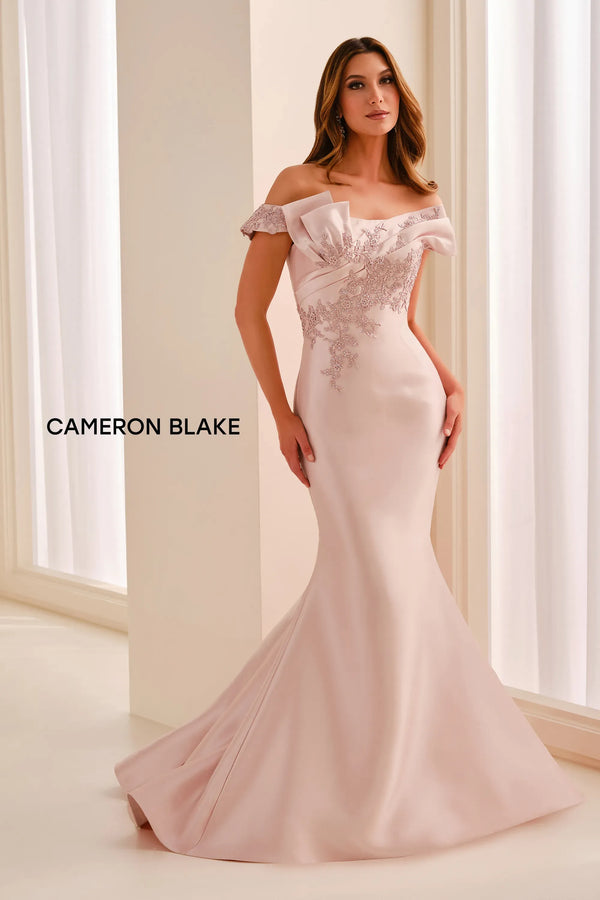 Off-the-Shoulder Floor-Length Satin Formal Mermaid Trumpet Cameron Blake CB447