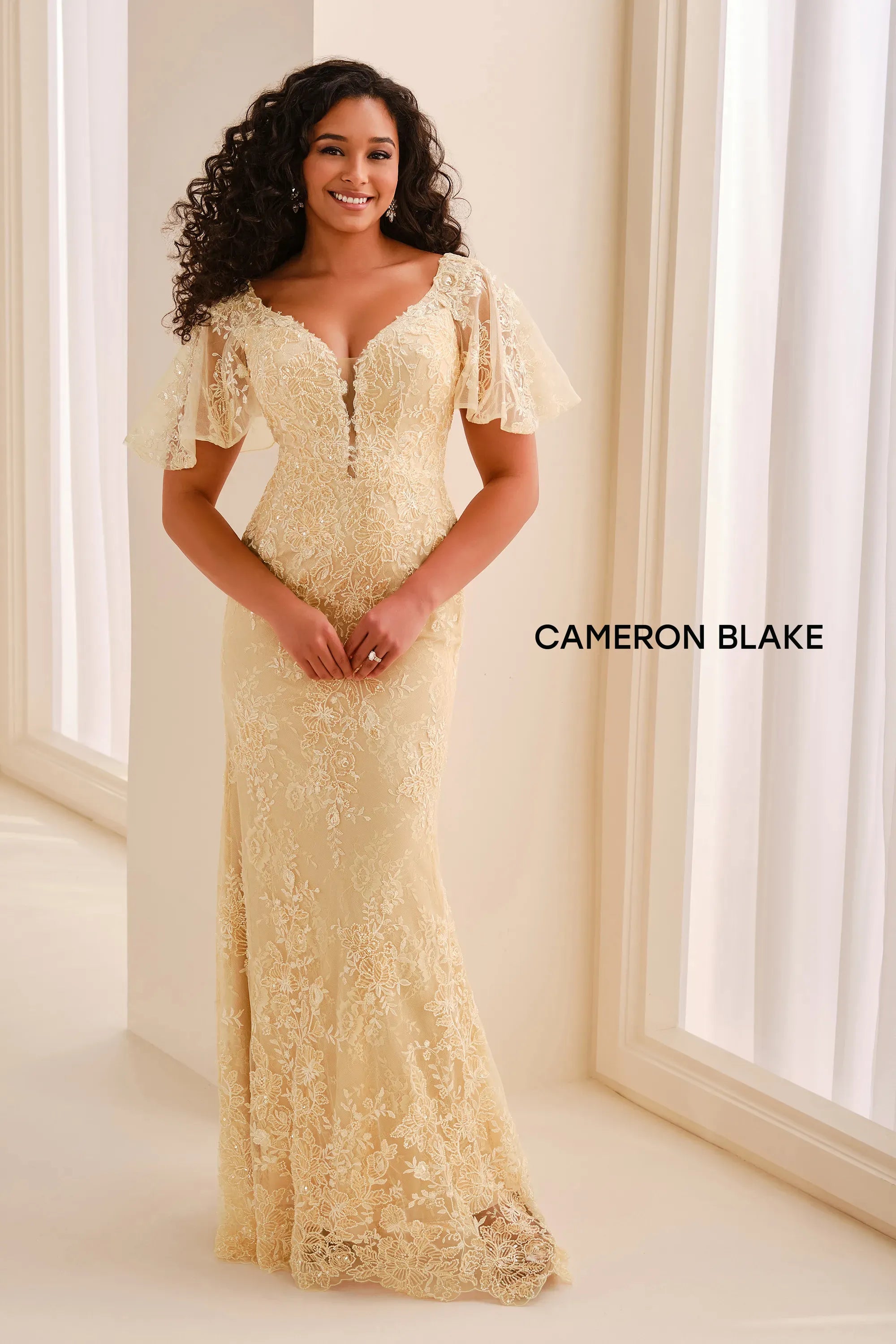 V-Neck Floor-Length Lace Formal Sheath/Column Cameron Blake CB453
