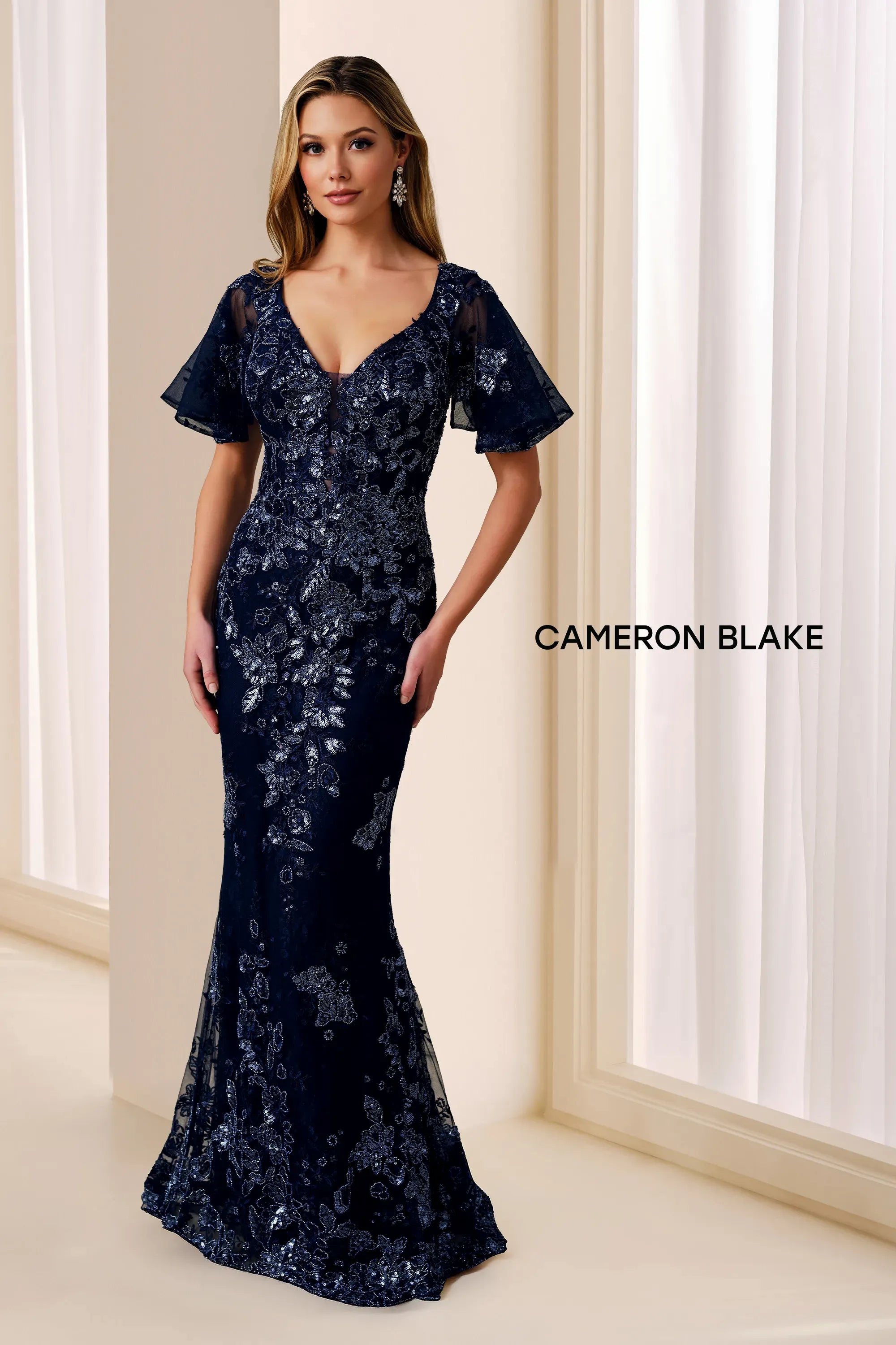 V-Neck Floor-Length Lace Formal Sheath/Column Cameron Blake CB453