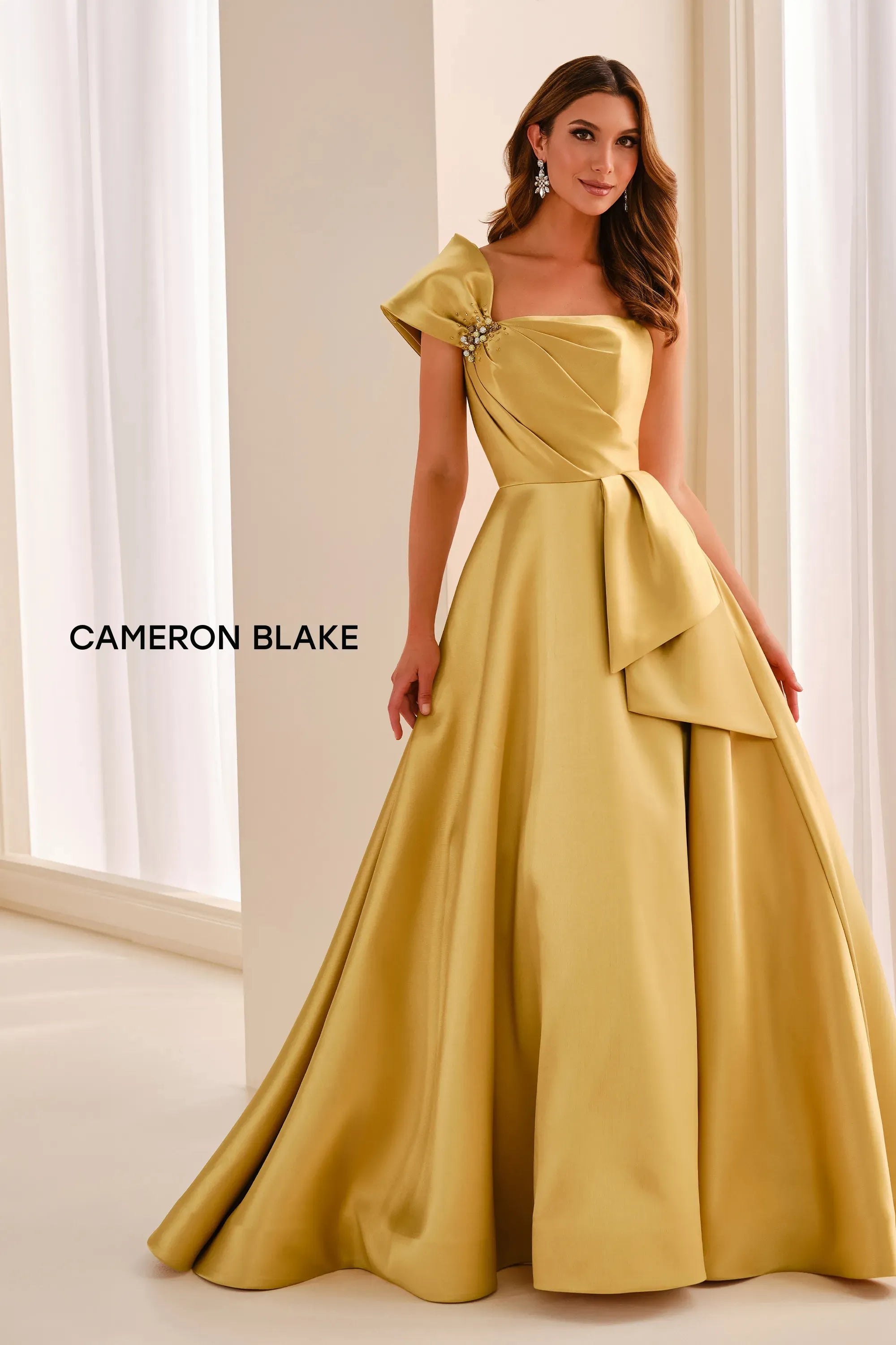 One-Shoulder Floor-Length Mikado Formal A-Line Cameron Blake CB456