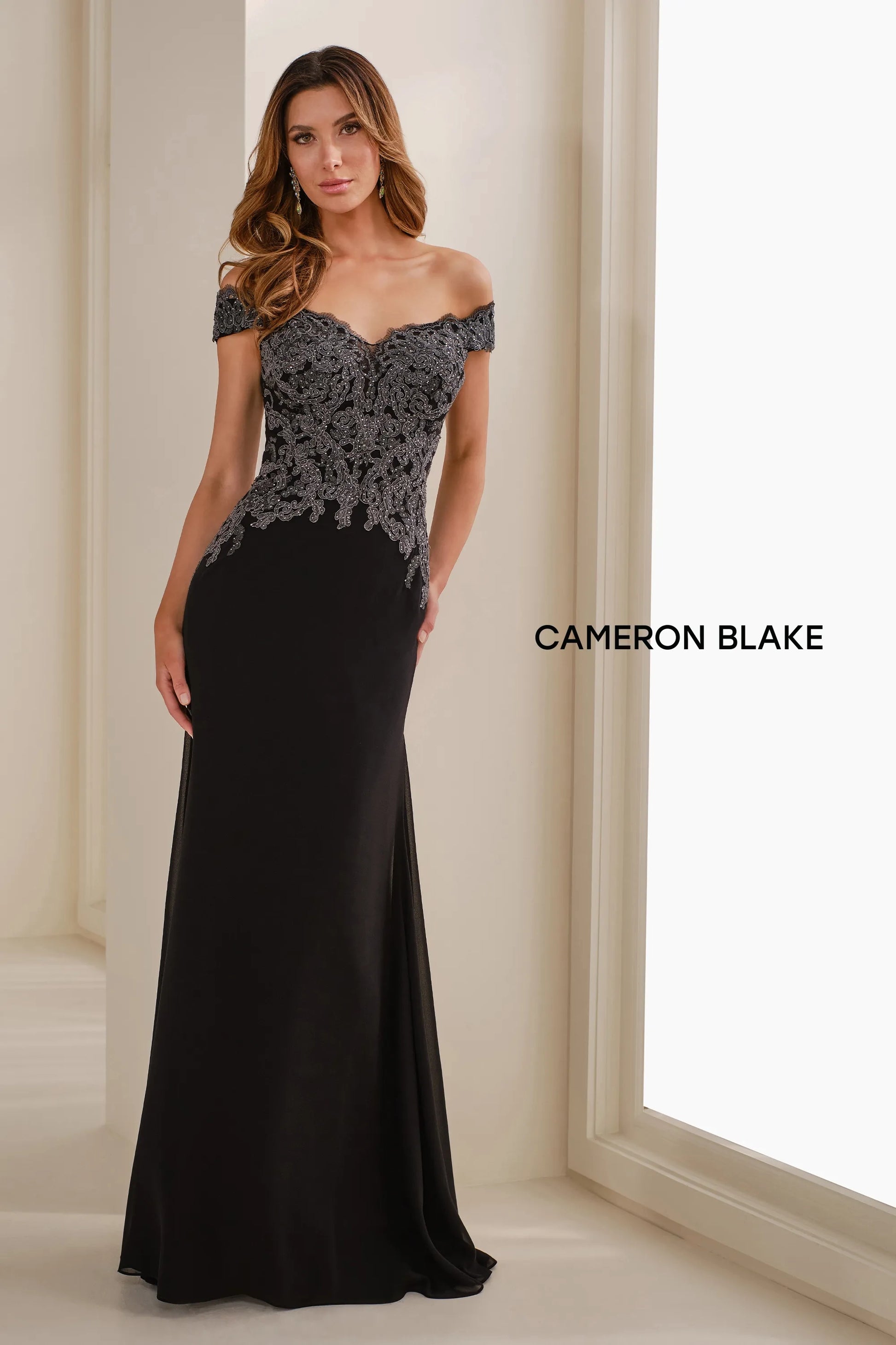 Cameron Blake CB907 Long Formal Lace Applique Evening Dress
