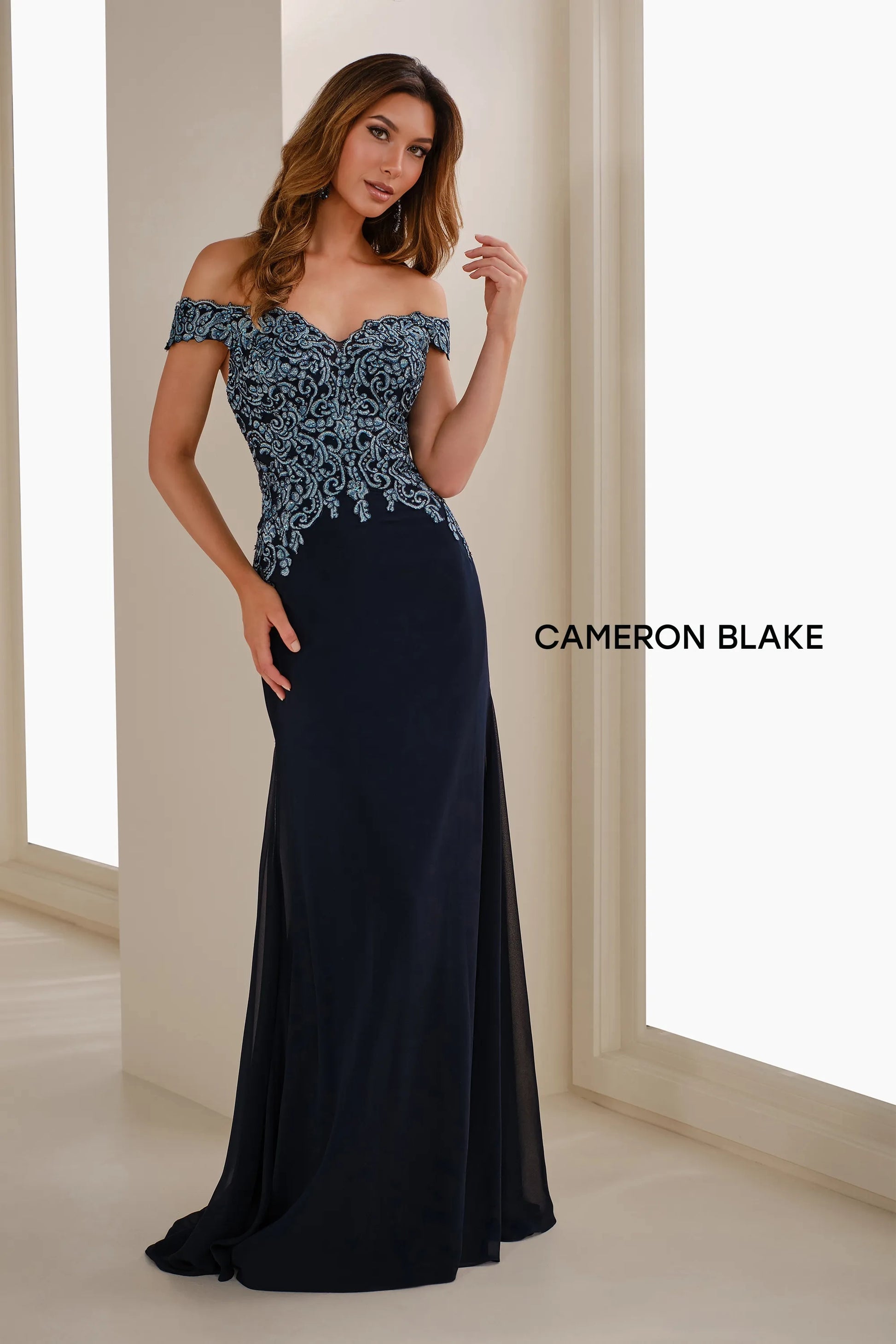 Cameron Blake CB907 Long Formal Lace Applique Evening Dress