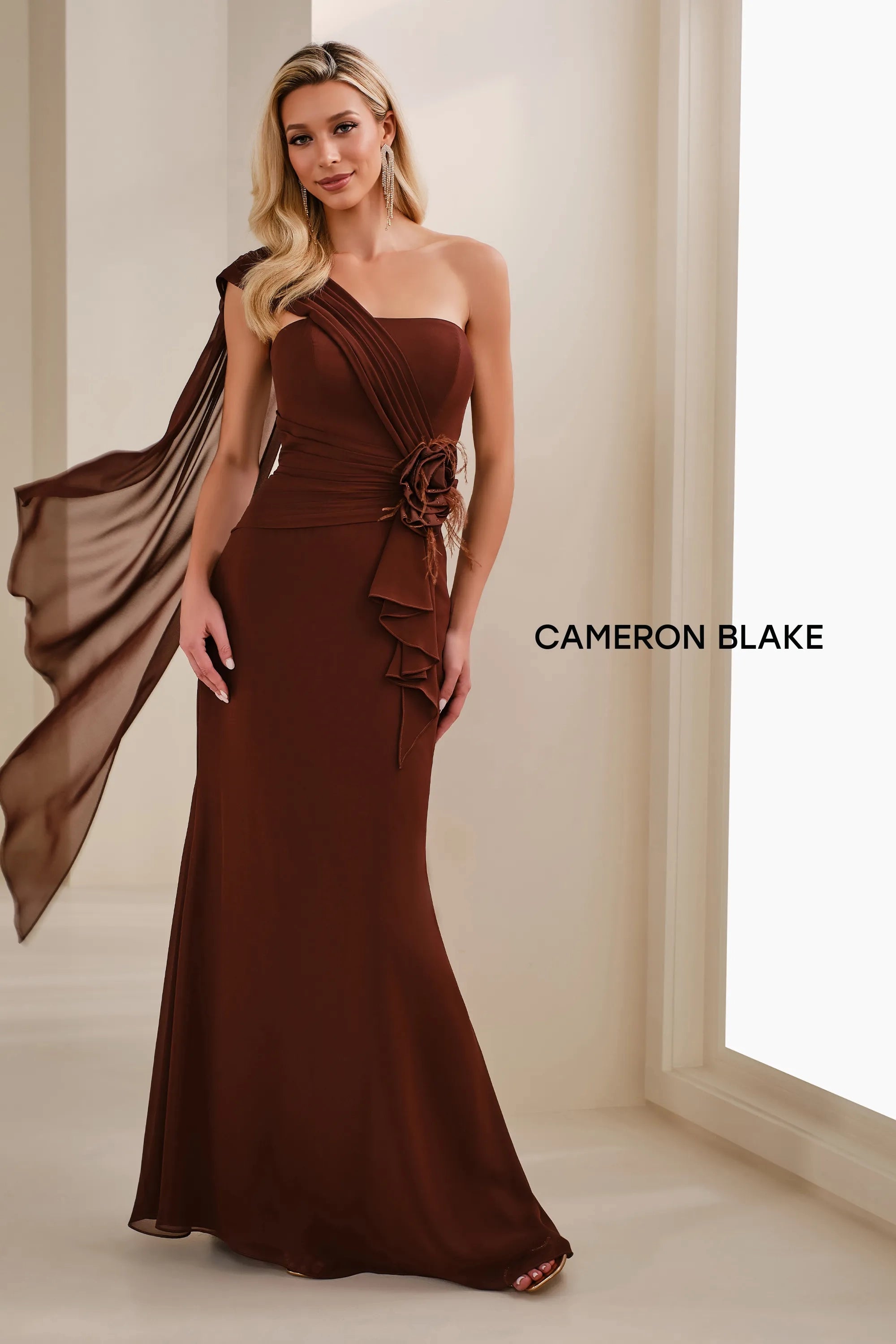 Formal Dresses Pleated Long Formal Feather Evening Gown Cocoa