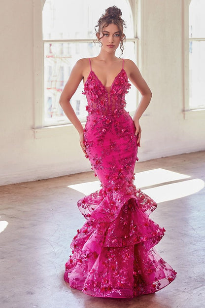 Prom Dresses Long 3D Floral Formal Prom Mermaid Dress Fuchsia