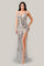 Prom Dresses Fitted Formal Long Slit Beaded Applique Prom Dress  Silver Nude