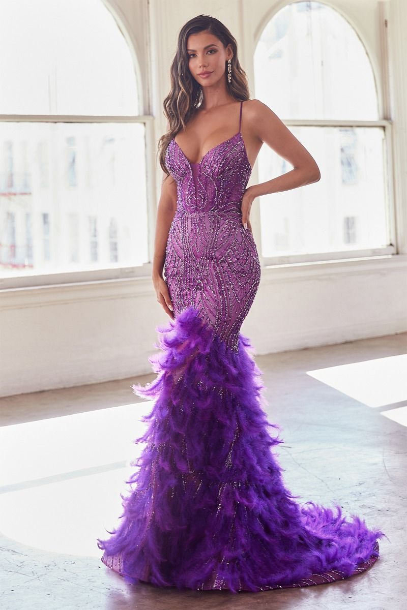 LaDivine - CC2308 - Mermaid Prom Dress with Feathered Skirt Light Blue / 6 LaDivine - CC2308 - Mermaid Prom Dress with Feathered Skirt Light Blue / 6