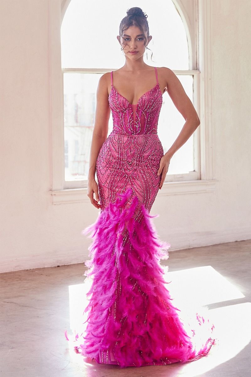 LaDivine - CC2308 - Mermaid Prom Dress with Feathered Skirt Light Blue / 6 LaDivine - CC2308 - Mermaid Prom Dress with Feathered Skirt Light Blue / 6