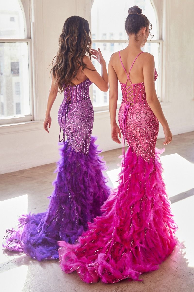 Cinderella Divine CC2308 Feather Beaded Formal Prom Long Mermaid Dress ...
