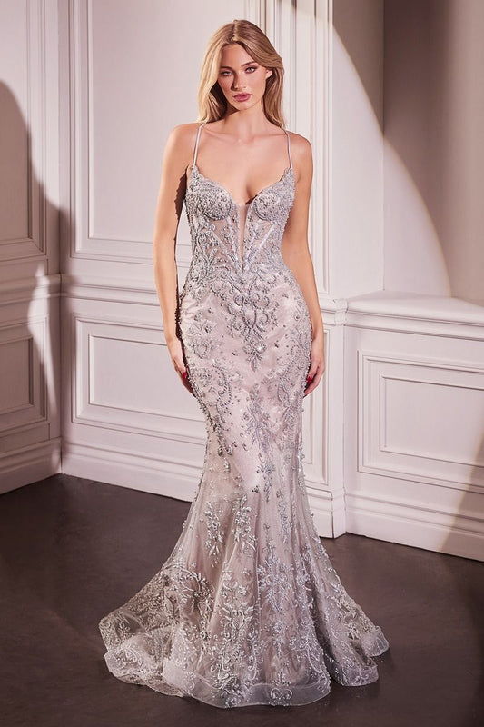 Prom Dresses Long Mermaid Formal Prom Beaded Lace Dress Silver