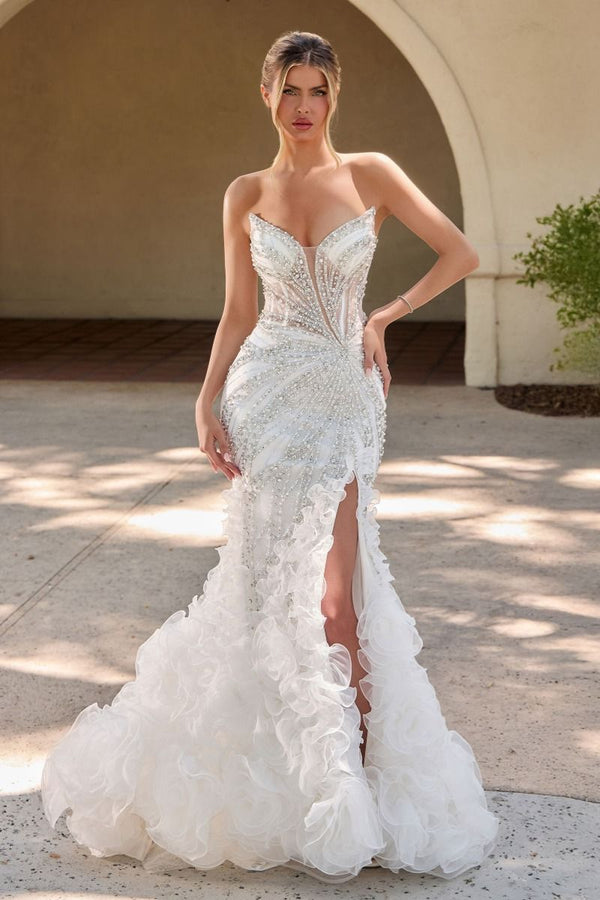 Strapless Curved Neck Floor-Length Tulle Wedding Dress Mermaid/Trumpet LaDivine CC2488W
