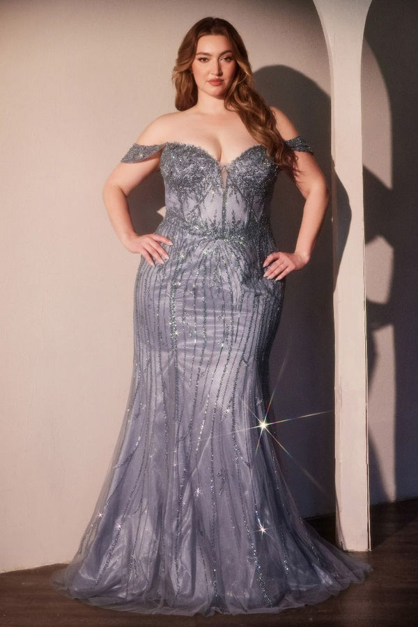 LaDivine CC341C Fitted Long Formal Beaded Sequin Plus Size Dress