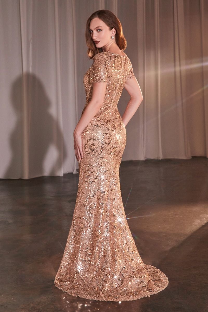 LaDivine CC3700 Floral Long Sequin Formal Mother of the Bride Dress