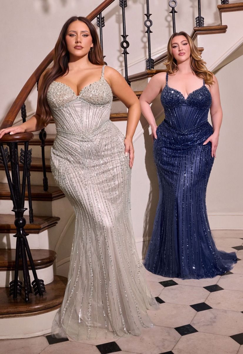 Plus Size Dresses Long Formal Prom Fitted Beaded Plus Size Dress LaDivine CC398C Navy