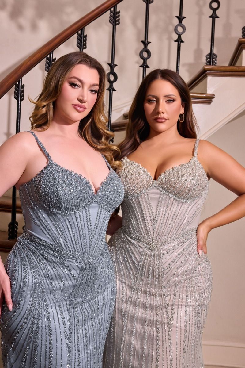 Plus Size Dresses Long Formal Prom Fitted Beaded Plus Size Dress LaDivine CC398C Silver/Nude