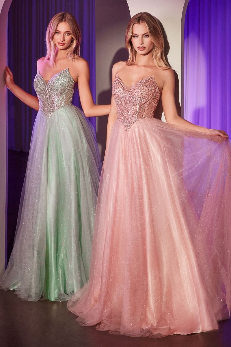 LaDivine CC415 Long A Line Formal Prom Beaded Dress