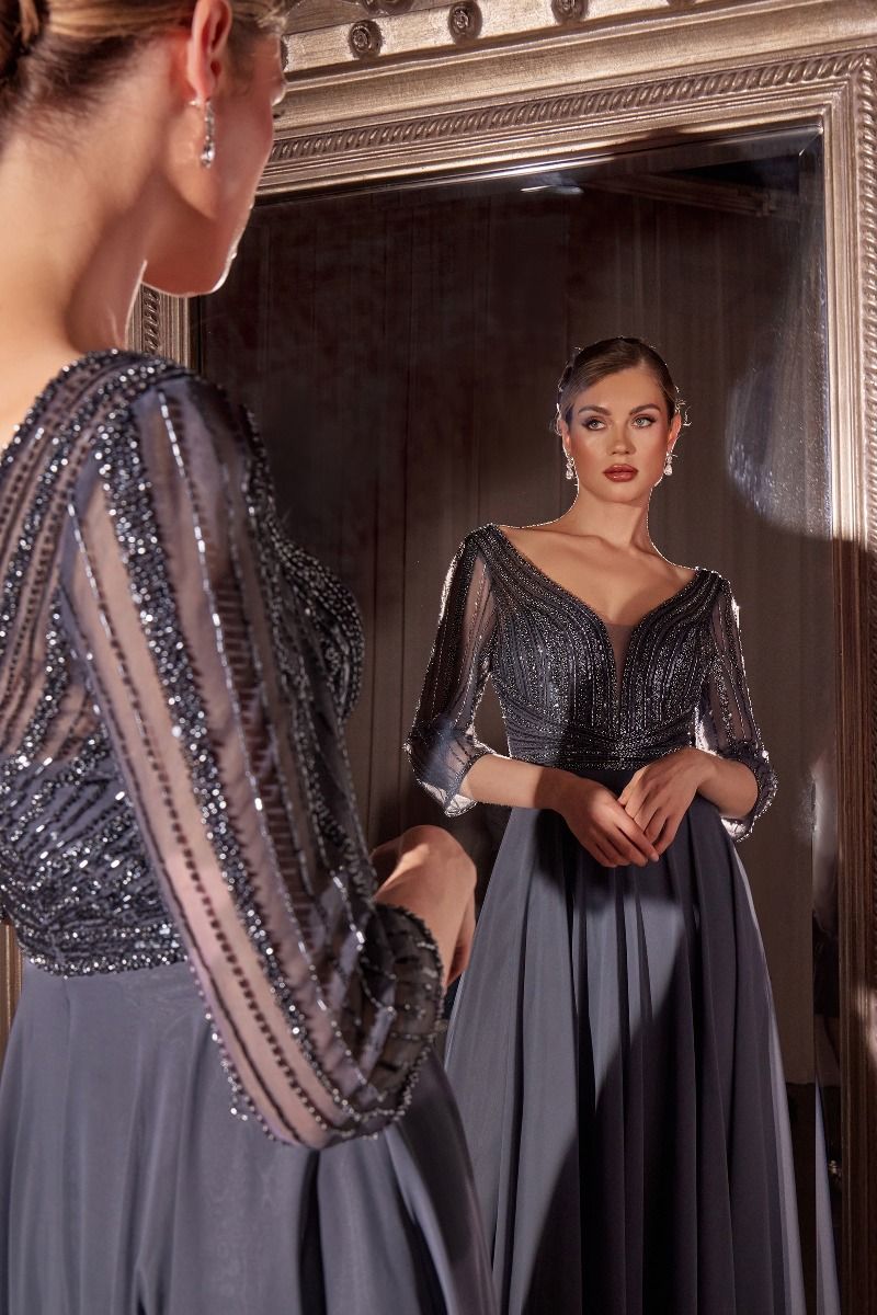 LaDivine CC446 Long Formal A Line Beaded Evening Dress