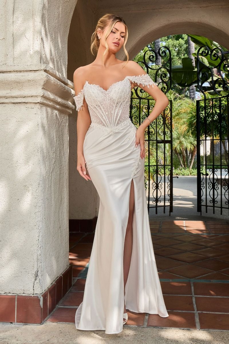 Off-the-Shoulder Floor-Length Satin Wedding Dress LaDivine CC456W