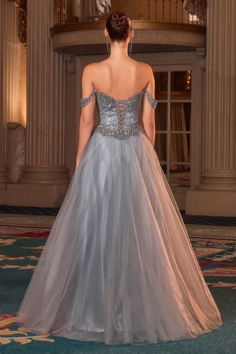 Prom Dresses Glitter Long Formal A Line Beaded Prom Gown Smoky Blue