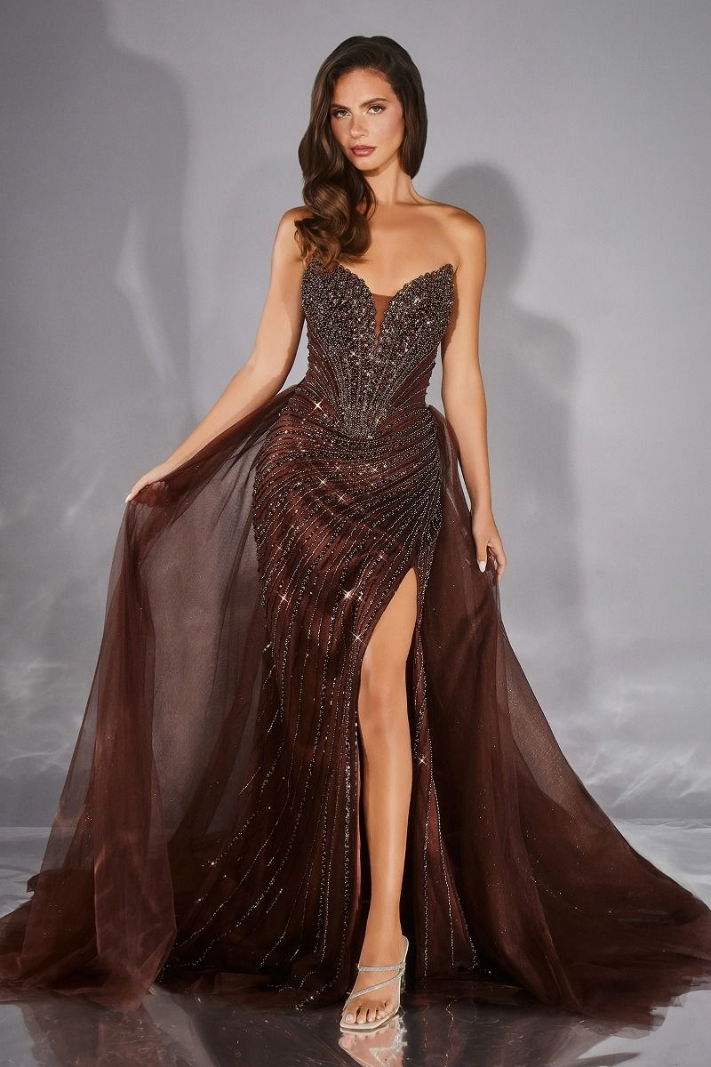Prom Dresses Beaded Fitted Long Formal Prom Dress with Detachable Overskirt Tulle-CC492-Corset