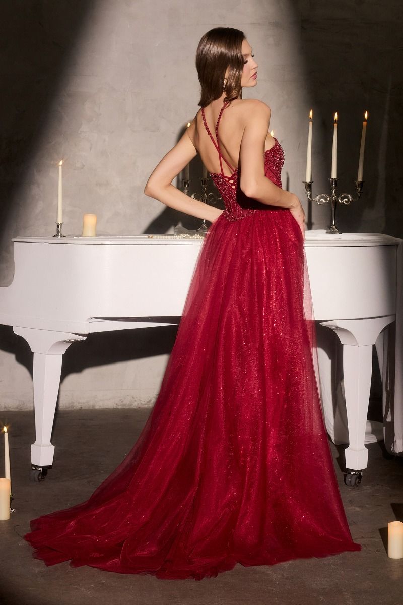 Prom Dresses Beaded Fitted Corset Long Formal Prom Dress LaDivine CC495 Deep Red