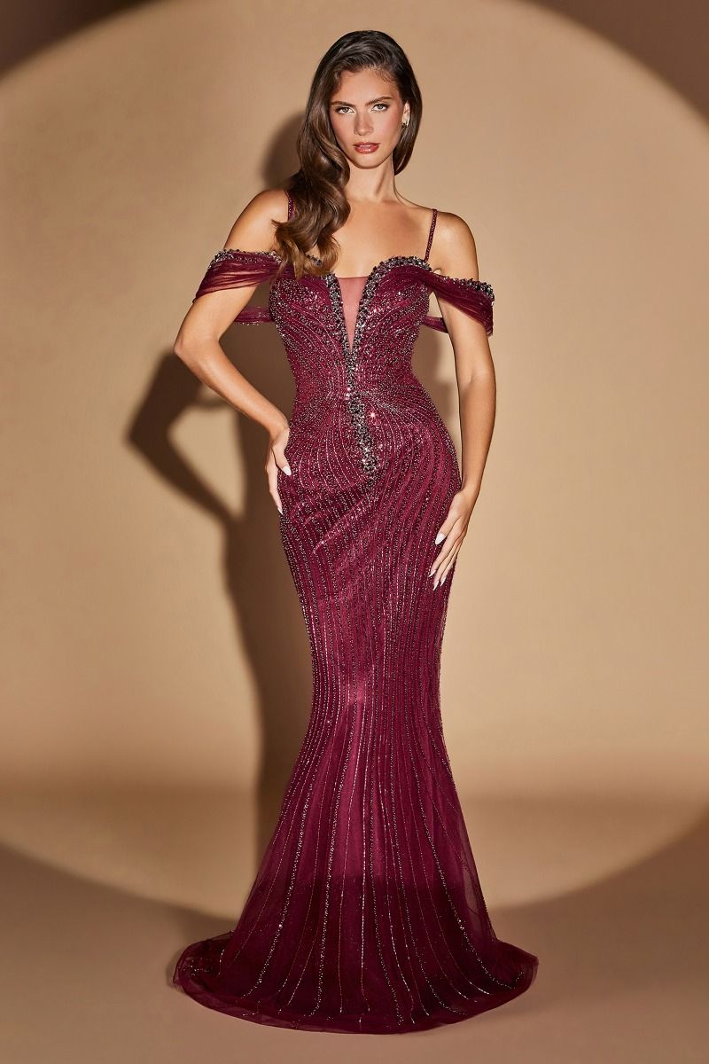 Off Shoulder Curved Neck Floor-Length Sequin Prom Mermaid LaDivine CC496