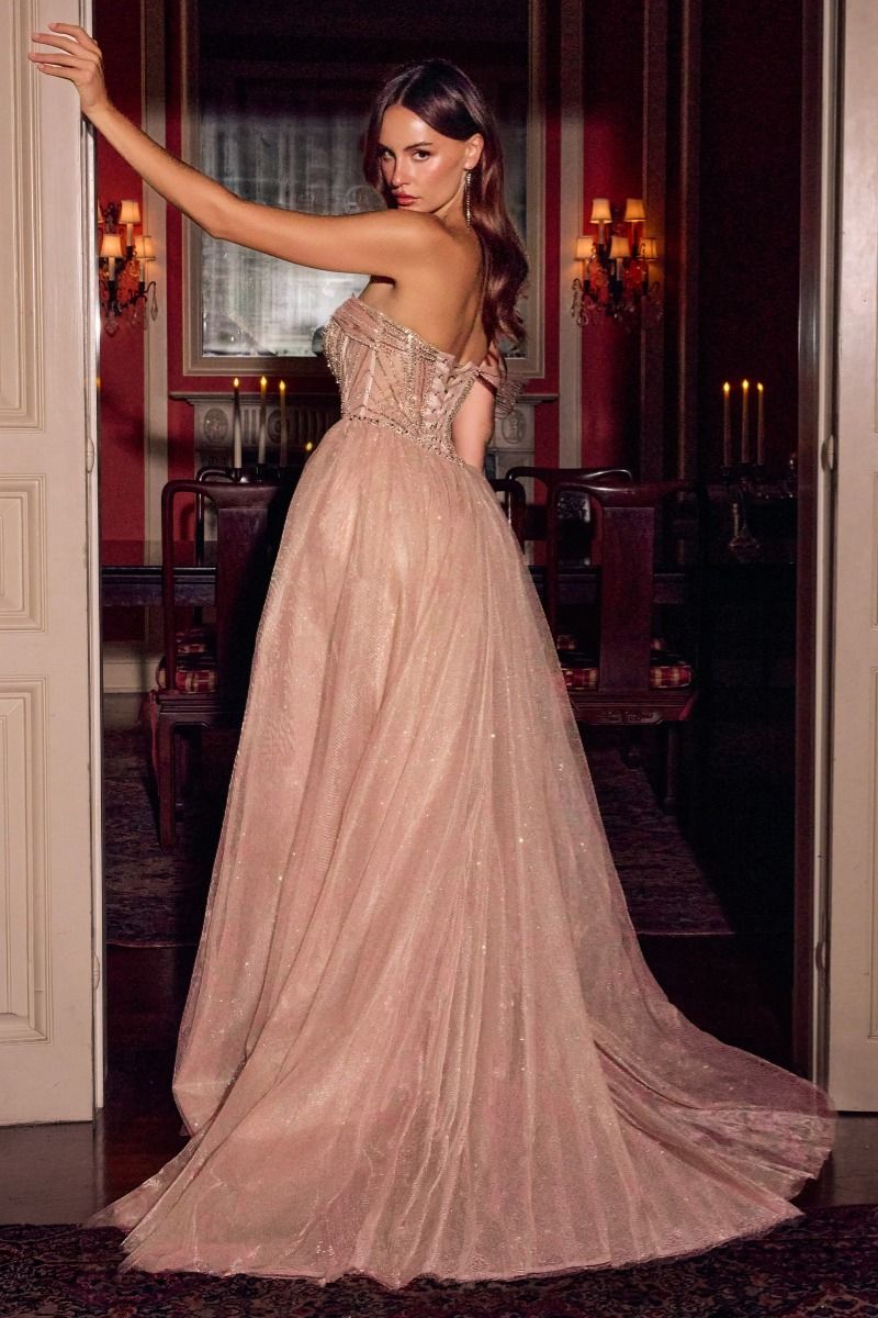 Mocha Gold Sweetheart Floor-Length Beaded Prom Dress Glitter LaDivine CC506