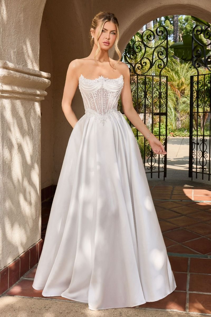 Strapless Curved Neck Floor-Length Satin Wedding Ball Gown LaDivine CC511W