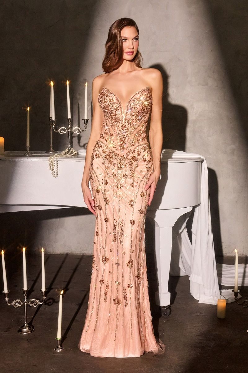 Prom Dresses Long Beaded Lace Formal Prom Fitted Dress LaDivine CC8271 Rose Gold
