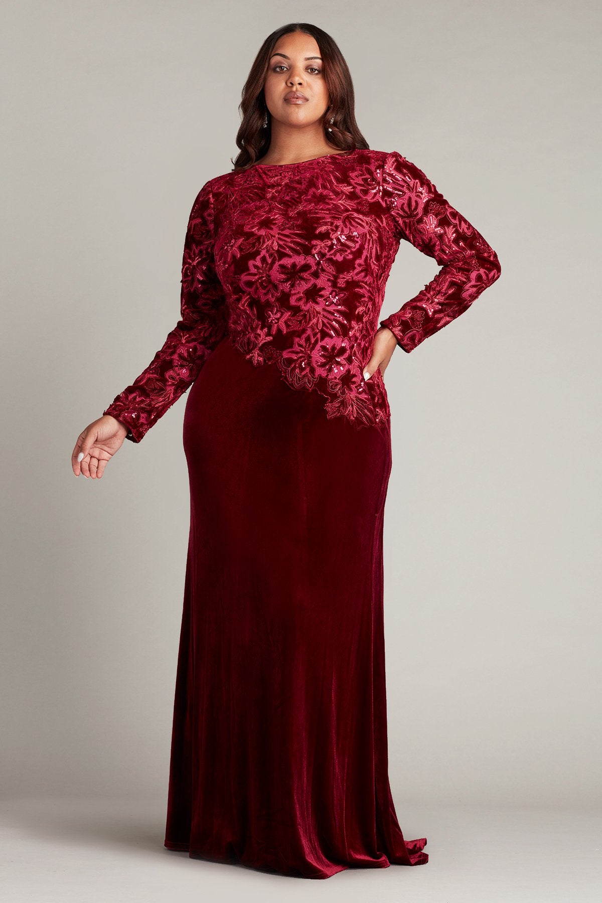 Plus Size Dresses Long Sleeve Formal Sequin Velvet Plus Size Dress Rose Red