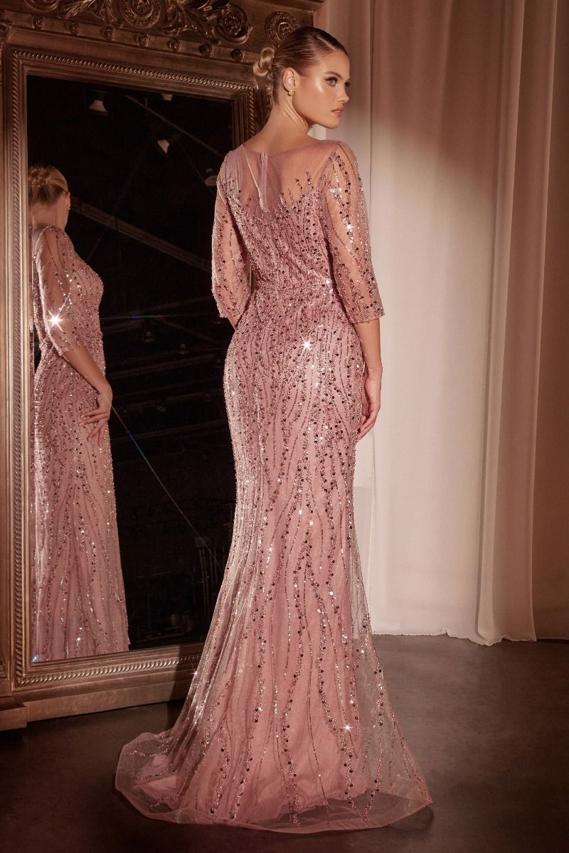 Ladivine CD0105 Long Sleeve Sequin Mermaid Gown, Navy / 12