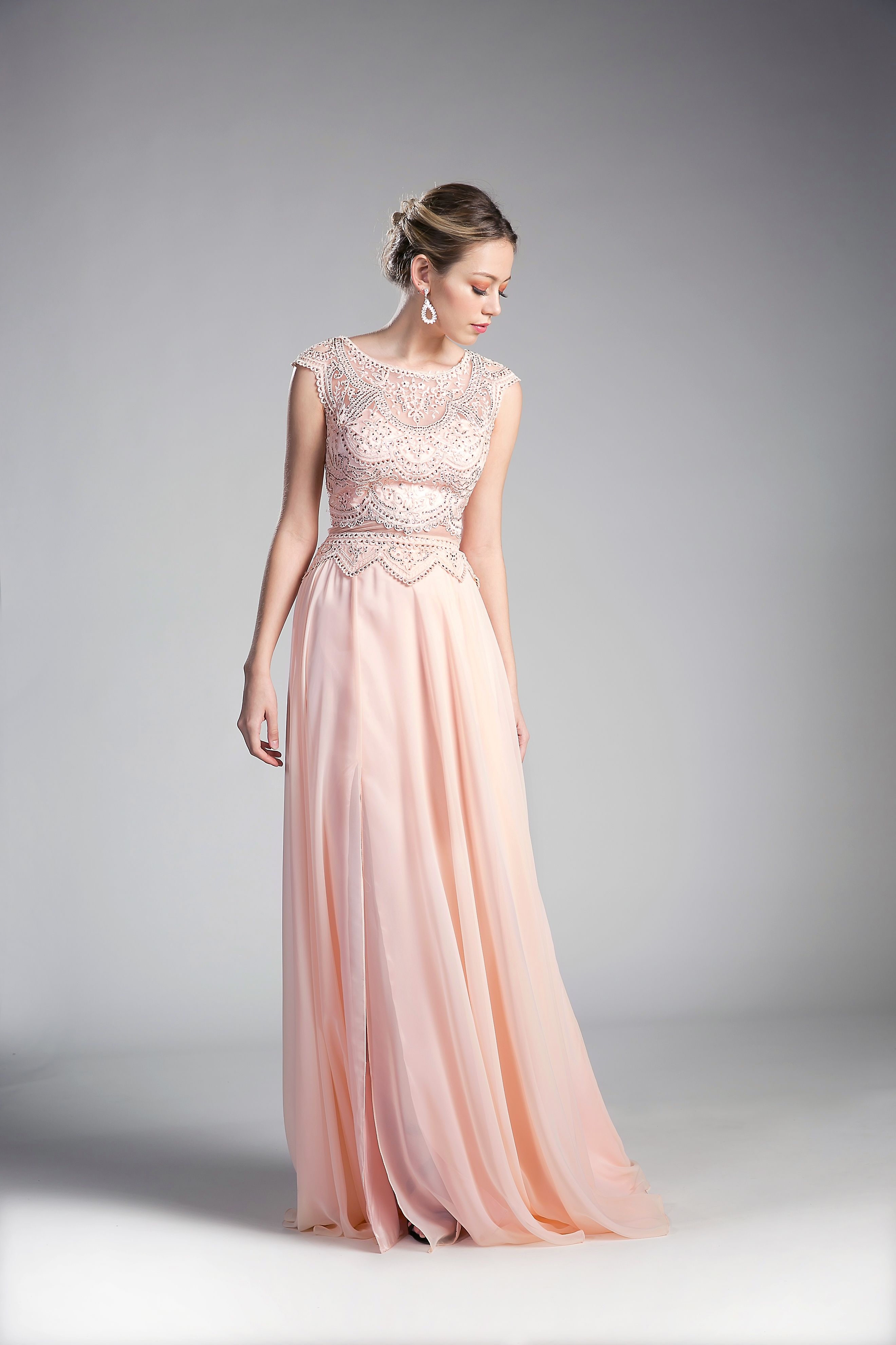 Prom Dresses Long Two Piece Lace Applique Formal Dress Peach