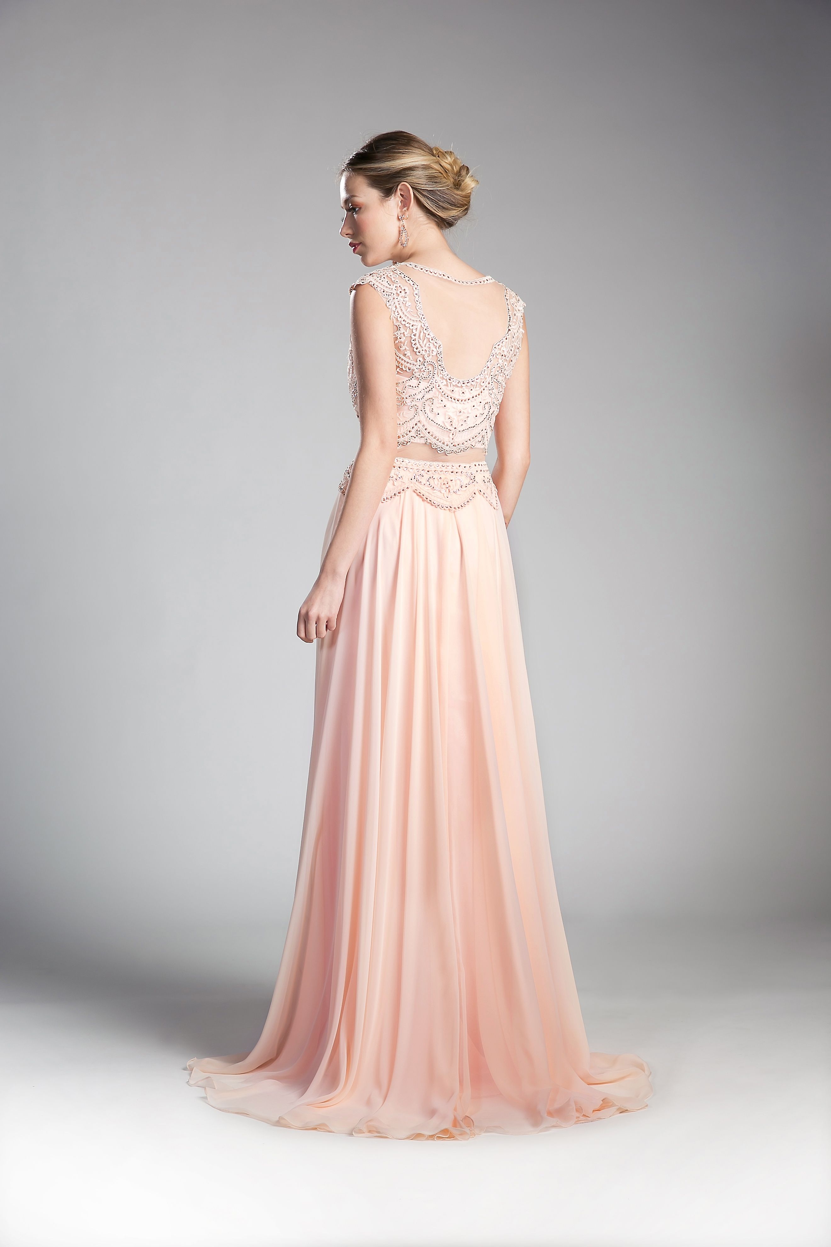 Prom Dresses Long Two Piece Lace Applique Formal Dress Peach