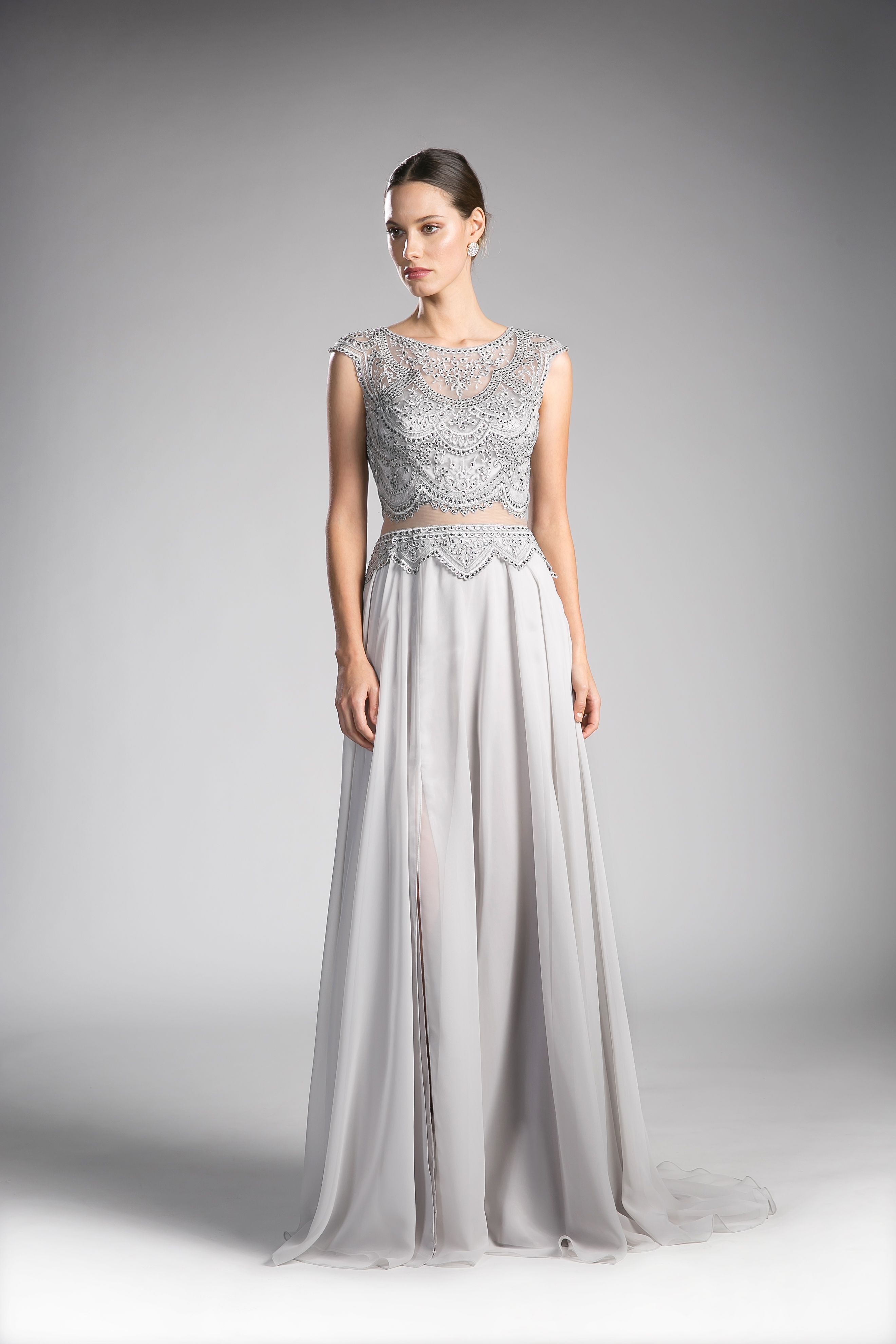 Prom Dresses Long Two Piece Lace Applique Formal Dress Silver