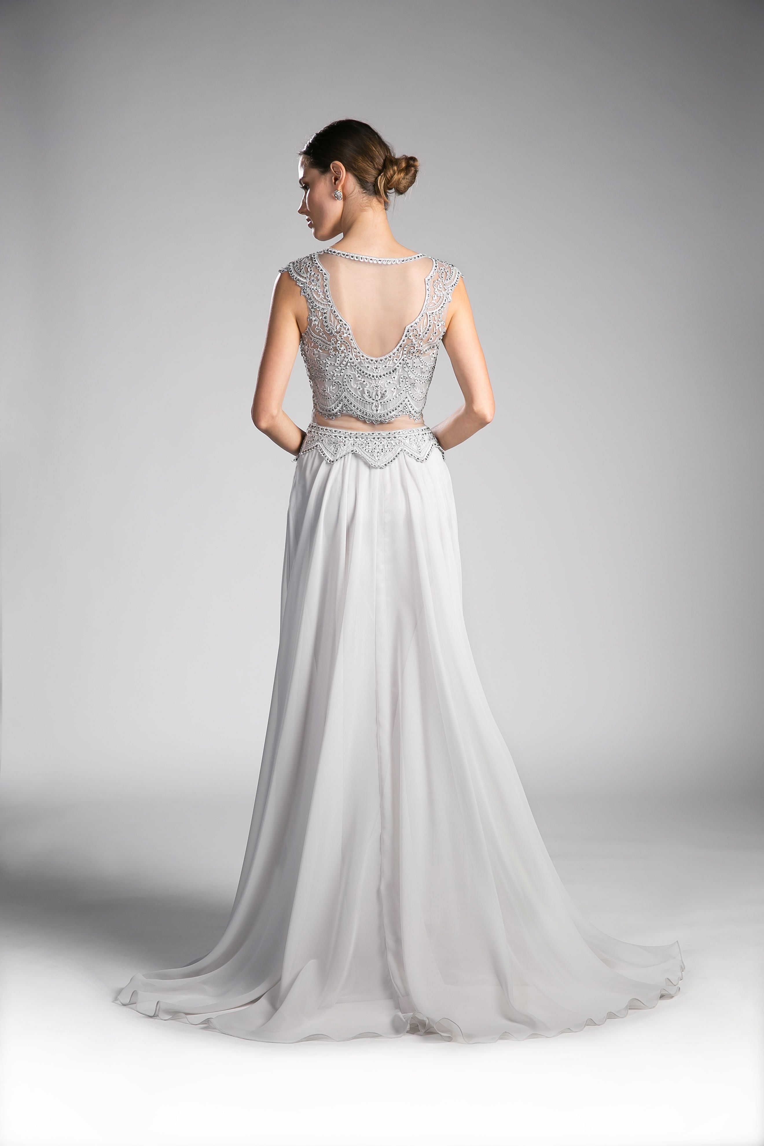 Prom Dresses Long Two Piece Lace Applique Formal Dress Silver