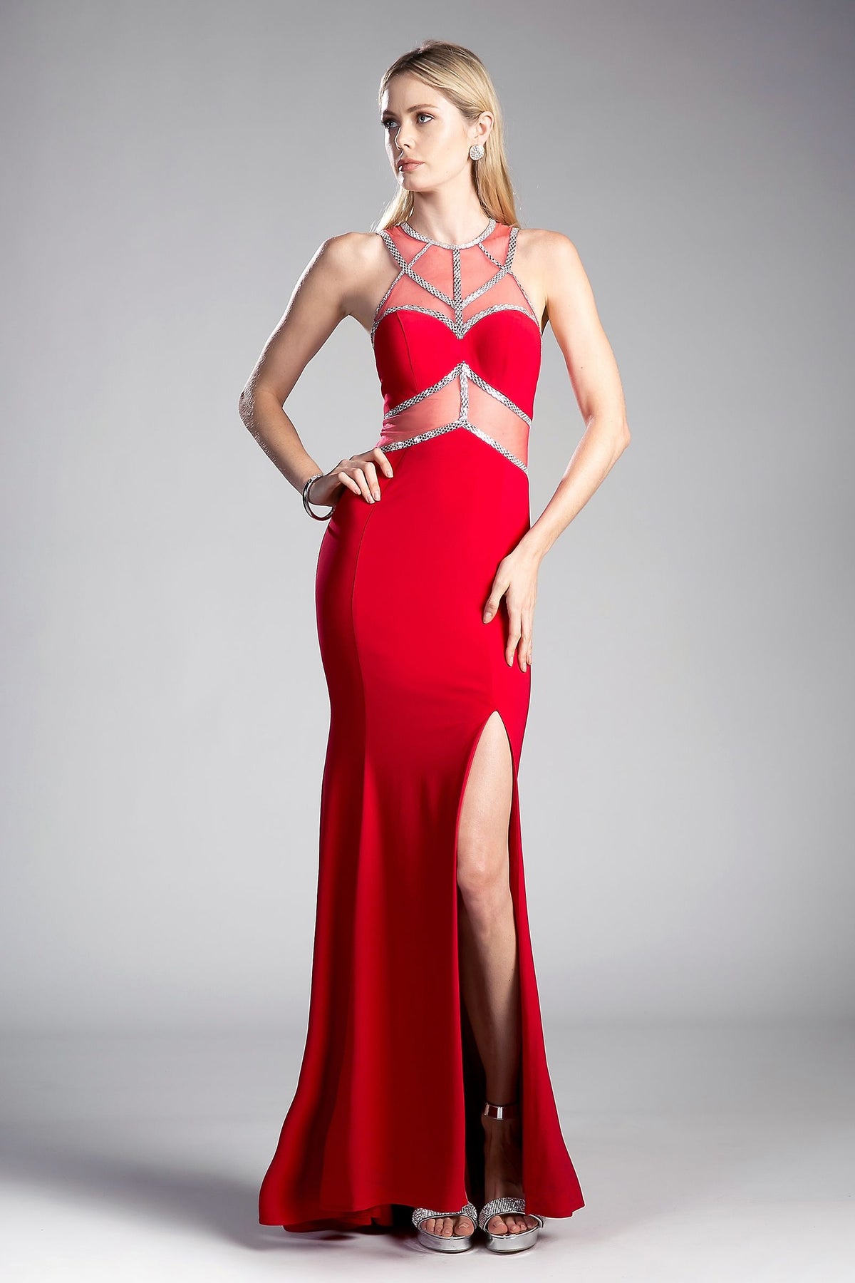 Prom Dresses Fitted Long Formal Beaded Prom Dress Red Silver