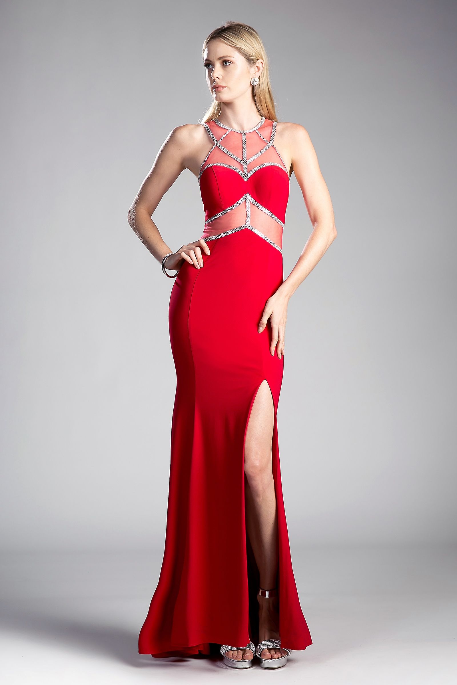 Prom Dresses Fitted Long Formal Beaded Prom Dress Red Silver