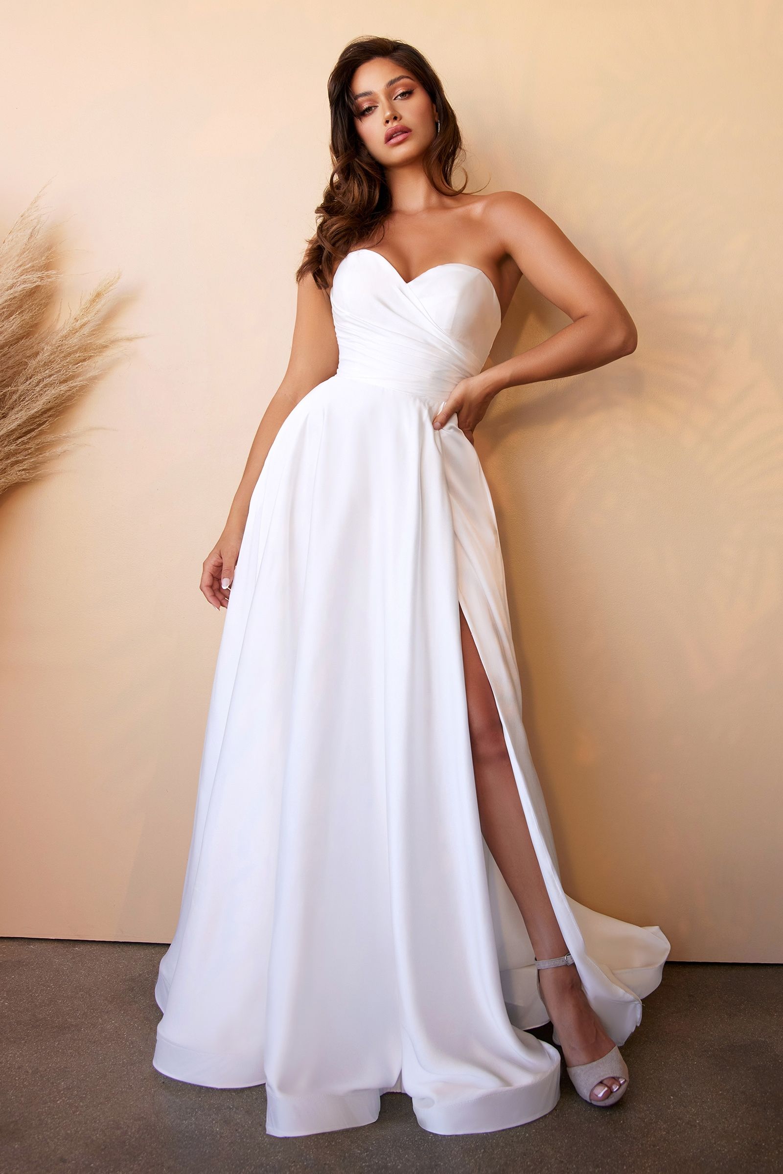 LaDivine CD0166W Bridal Gown Long Pleated Slit Wedding Dress