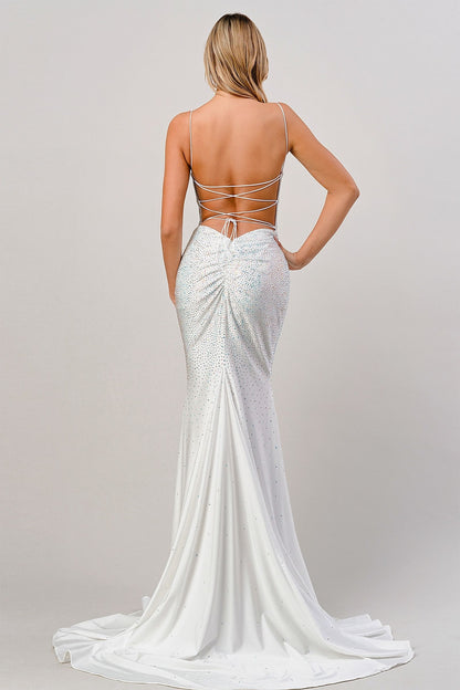 Sexy Spaghetti Strap Beaded Long Prom Dress - The Dress Outlet