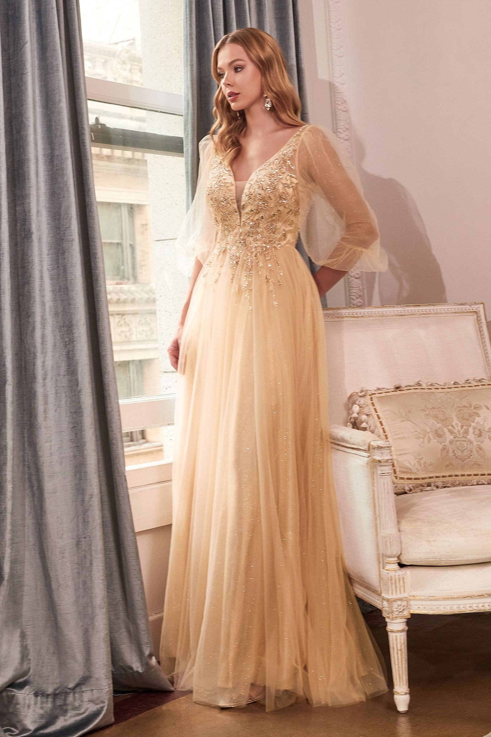 LaDivine CD0182 Long Sleeve Mother of the Bride Long Tulle Dress