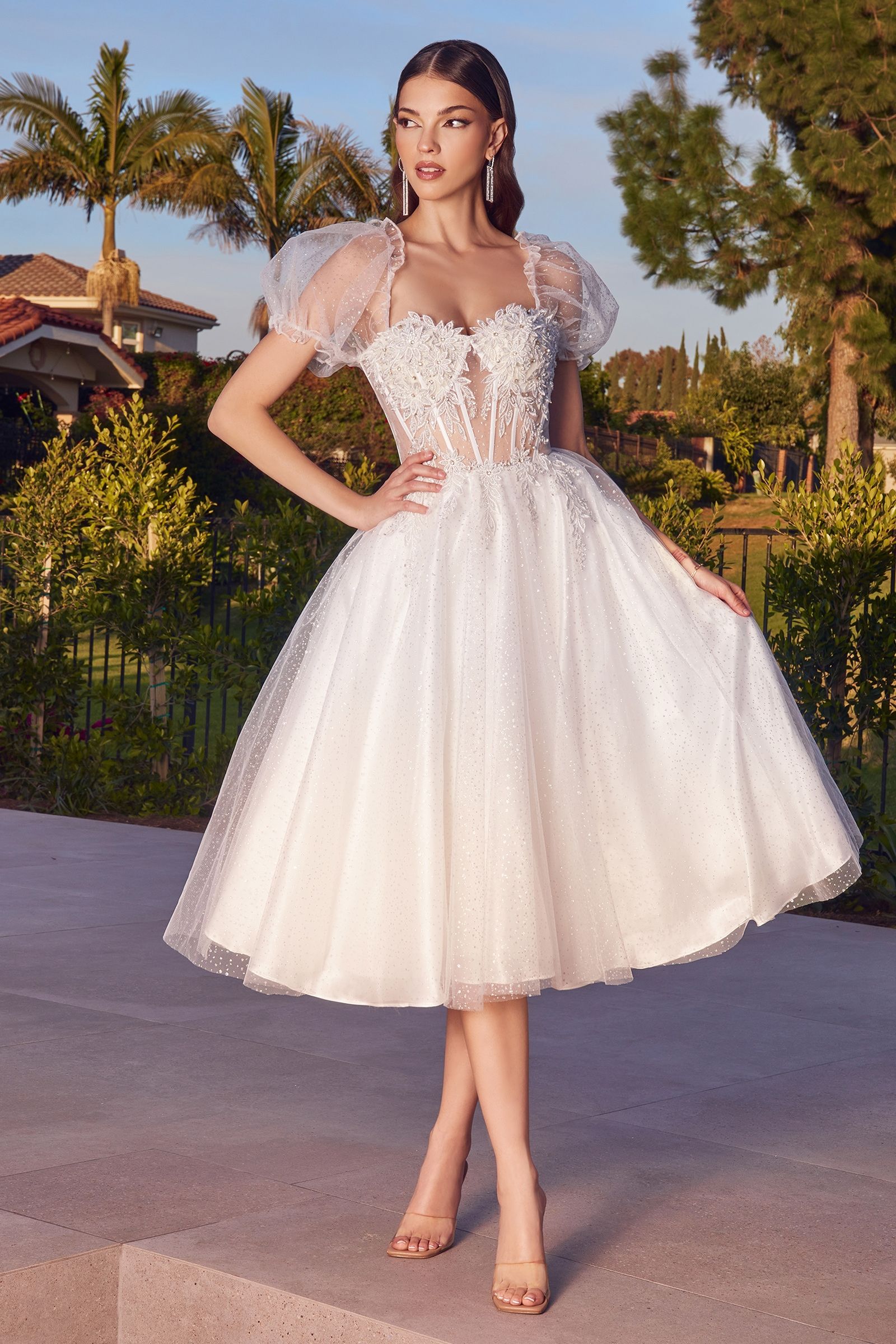 LaDivine CD0187W Tea Length A Line Glitter Print Wedding Dress