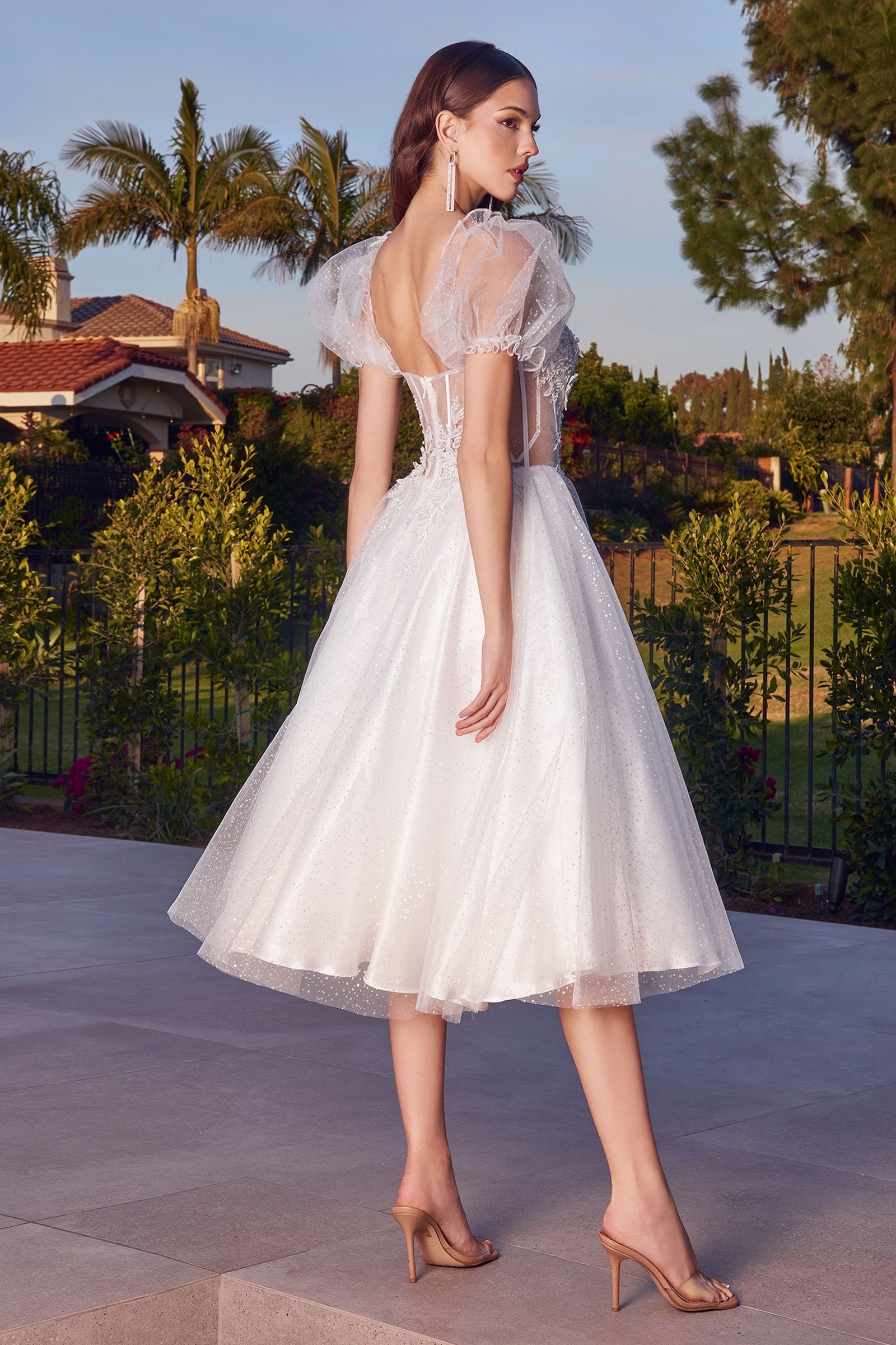LaDivine CD0187W Tea Length A Line Glitter Print Wedding Dress