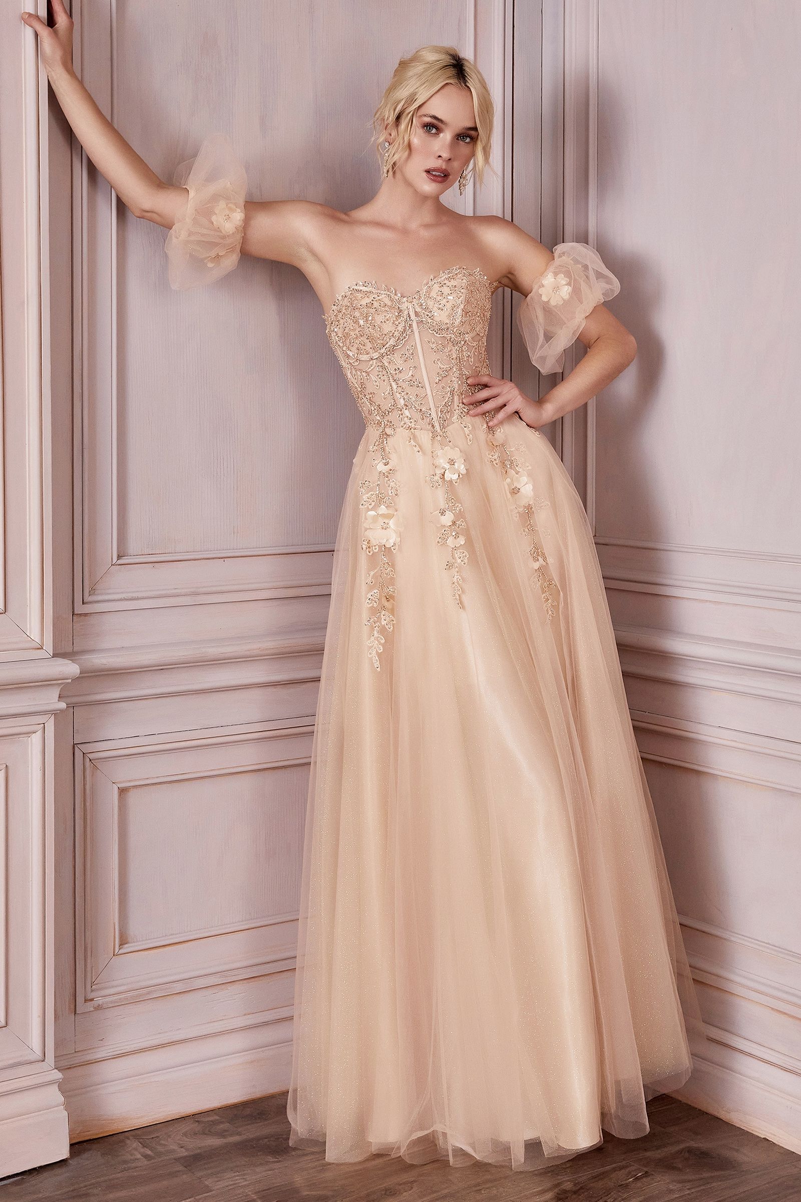 Prom Dresses Long Formal Corset Beaded 3D Floral Prom Dress Champagne