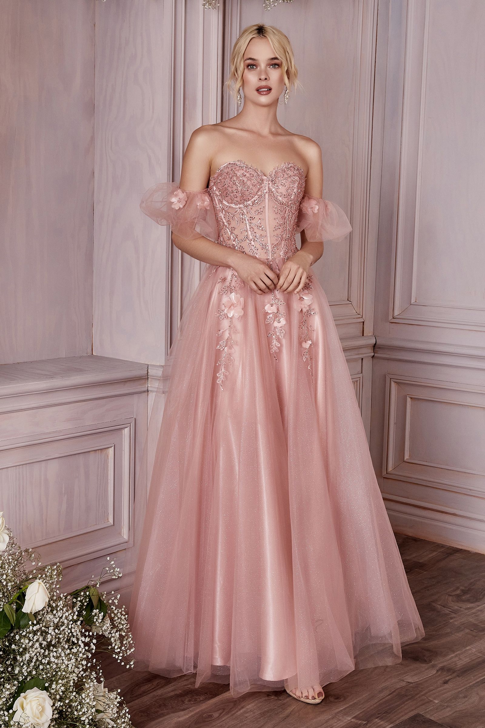 Prom Dresses Long Formal Corset Beaded 3D Floral Prom Dress Blush