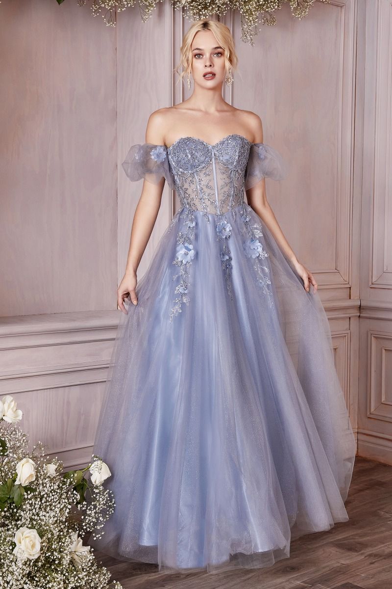 Prom Dresses Long Formal Corset Beaded 3D Floral Prom Dress Smoky Blue